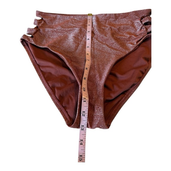 Bar III Shimmer Core Sparkly Brown Hip Slash Cutout High-Waisted Bikini Bottoms - Picture 7 of 15
